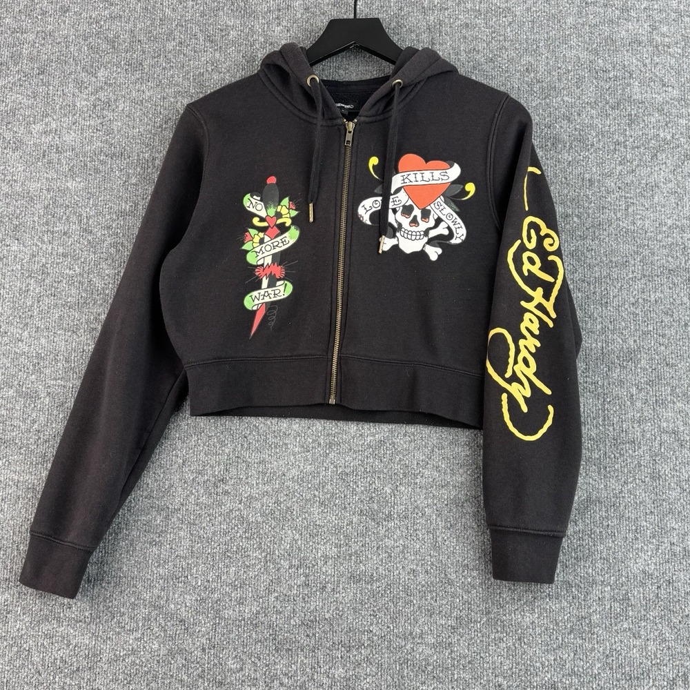 Ed Hardy Skull Hoodie Womens L Black Cropped Full Zip Graphic Love Kills Y2K